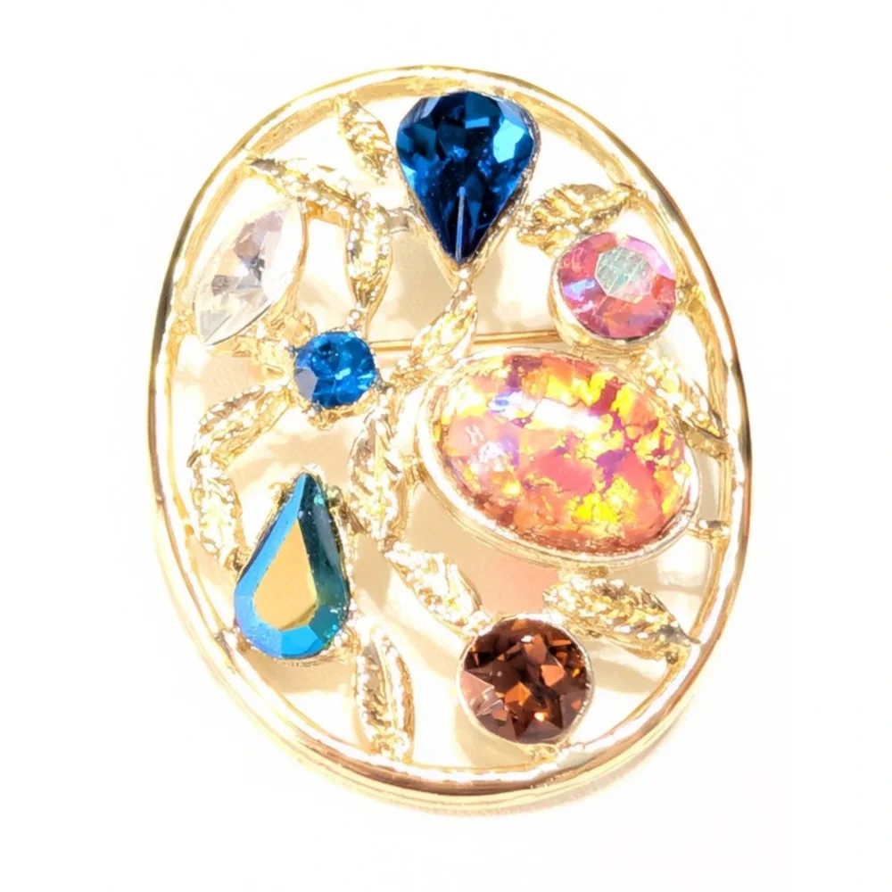 Vintage Rhinestone Brooch Pin Colorful Art Glass Gold-tone Leafs 1.75